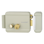ACCESSPRO ACCESSRIMB – Cerradura Eléctrica con Botón de Salida / Doble Cerrojo / Exterior Derecha / 12 VCA 2.5A / Compacta 129 x 103 x 38 mm