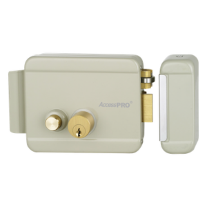 ACCESSPRO ACCESSRIMB – Cerradura Eléctrica con Botón de Salida / Doble Cerrojo / Exterior Derecha / 12 VCA 2.5A / Compacta 129 x 103 x 38 mm