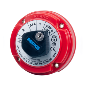 PERKO 8502DP – Switch Selector de Batería Marina / 250A Continuos / 360A Intermitentes / 6-32 VCC / 4 Posiciones con Bloqueo por Llave / Encendido Protegido