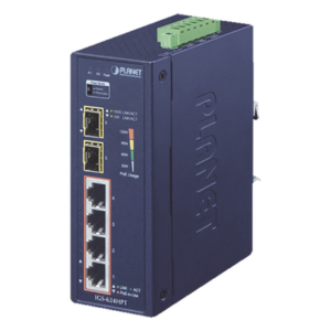 PLANET IGS-624HPT – Switch PoE+ Industrial / 4 Puertos Gigabit PoE+ 802.3at / 2 SFP 1000X / IP40 / -40°C a 75°C / 130.6W / 12-56VDC