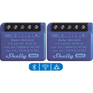 SHELLY SHELLY1MINIGEN3X2 – Relé Inteligente Wi-Fi / 1 Canal / 8 A (2000 W) / Contacto Seco / Ultra Compacto / Control por Voz / 2.4 GHz