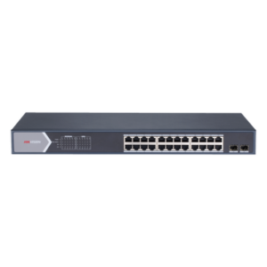 HIKVISION DS-3E1526P-SI – Switch PoE+ Administrable / 24 Puertos Gigabit / 2 Puertos SFP / PoE Extendido 250 m (820.2 ft) / 370 W / 56 Gbps