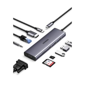 UGREEN 15601 – Hub USB-C / 10 en 1 / HDMI 4K@30Hz / VGA 1920x1200 / 3x USB 3.0 5Gbps / Ethernet Gigabit / SD/TF / PD 100W / Audio 3.5mm / Aluminio