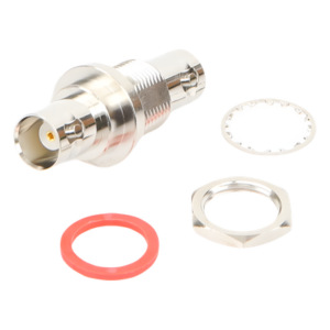 RF INDUSTRIES,LTD RFB-1135 – Adaptador Coaxial / Doble BNC Hembra / Montaje Chasis Hermético / D-Plano Frontal o Trasero / 50 Ω / Cuerpo Niquelado / Contacto Oro