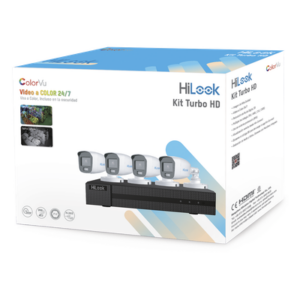 HiLook by HIKVISION HL-1080-CV/A – Kit de Videovigilancia TurboHD / 2 Megapixel / 4 Canales + 1 IP / ColorVu 20 m (65.6 ft) / Audio por Coaxitron / 4 Cámaras Bala