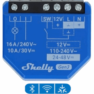 SHELLY SHELLY1GEN3 – Relé Inteligente Wi-Fi / 16A / Contacto Seco / 110-230V AC / 12-48V DC / Control por Voz / 41x36x16 mm
