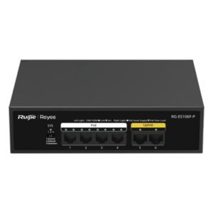 RUIJIE RG-ES106F-P – Switch PoE+ / 6 Puertos 10/100 Mbps / 54W PoE Total / No Administrable / Sin Ventilador