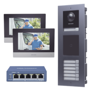 HIKVISION DSKIS-MULTI-7AP – Kit Videoportero IP / 2 Megapixel / 7 Departamentos / 2 Puertas / IP65 / PoE / Empotrado