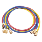 EPCOM MM-360 – Juego de Mangueras de Refrigerante / 3 Mangueras 150 cm (60 in) / Presión Trabajo 55 bar (800 psi) / Presión Ruptura 276 bar (4000 psi) / Válvulas de Cierre Integradas / Conexiones 1/4 SAE Hembra y Macho / Identificación por Color Rojo-Azul