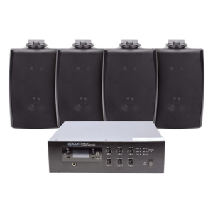 EPCOM PROAUDIO SFB240/4WS – Kit de Sonido Ambiental / Amplificador 240W RMS / Salida 70/100V / 4 Altavoces de Pared / Bluetooth y MP3 / Resistente a Humedad
