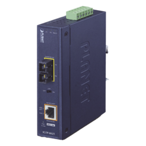 PLANET IGTP-802T – Convertidor de medios / PoE+ 802.3at / 1000BASE-SX a 10/100/1000BASE-T / Multimodo SC / 550 m (1804 ft) / -40 a 75°C / IP30