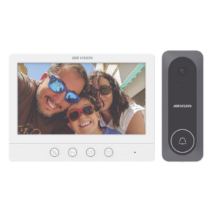 HIKVISION DS-KIS212 – Kit de Videoportero / Pantalla LCD 7" / 720p / Gran Angular 130° / Frente de Calle IR 3 m (9.8 ft) / Conexión 4 Hilos / 3 Monitores / 2 Frentes de Calle