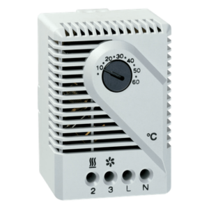 HOFFMAN THERM16C – Termostato Mecánico para Gabinetes / 115V AC / Rango 10°C a 60°C / Montaje Riel DIN 35 mm / Contacto Snap-Action / Gris Claro RAL 7035