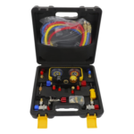 PRECISION PSTH08002 – Manómetro de 4 Vías / Compatible con R410A, R32, R134A, R22 / 4 Mangueras 1.5 m / Cuerpo Cobre y ABS / Estuche Incluido