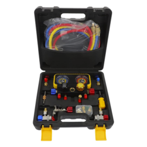 PRECISION PSTH08002 – Manómetro de 4 Vías / Compatible con R410A, R32, R134A, R22 / 4 Mangueras 1.5 m / Cuerpo Cobre y ABS / Estuche Incluido