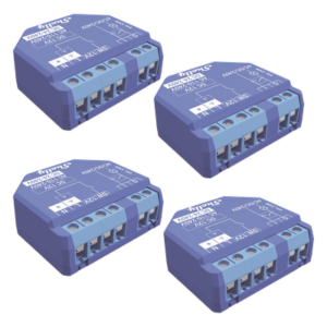 SHELLY SHELLYPLUS1K4 – Kit de relevadores inalámbricos inteligentes / 16A / 110-230V AC / 12-48V DC / WiFi 2.4GHz + Bluetooth / 4 piezas / 1.34x1.42x0.63 pulgadas