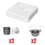 HiLook by HIKVISION KIP2MP/2B2D – Kit de Videovigilancia IP / NVR 4 Canales PoE / 2 Cámaras Bala + 2 Cámaras Domo / 2 Megapixel / IR 30 m (98.4 ft) / Dual Light / 101° Ángulo de Visión