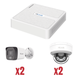 HiLook by HIKVISION KIP2MP/2B2D – Kit de Videovigilancia IP / NVR 4 Canales PoE / 2 Cámaras Bala + 2 Cámaras Domo / 2 Megapixel / IR 30 m (98.4 ft) / Dual Light / 101° Ángulo de Visión