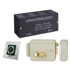 ACCESSPRO ACCESSRIMB-KIT – Kit Control de Acceso / Fuente 36W 13.2VCD / Cerradura Derecha / Botón IR 5-15 cm / Acero Inoxidable / Relevador NO-NC-COM