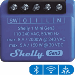 SHELLY SHELLY1MINIGEN3 – Relé Inteligente Wi-Fi / 1 Canal / Contacto Seco / 8 A / Ultra Compacto 29 x 35 x 16 mm / Compatible con Alexa y Google Assistant