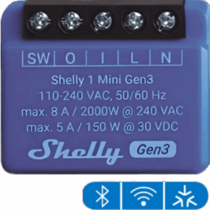 SHELLY SHELLY1MINIGEN3 – Relé Inteligente Wi-Fi / 1 Canal / Contacto Seco / 8 A / Ultra Compacto 29 x 35 x 16 mm / Compatible con Alexa y Google Assistant