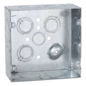 RACO HUB-258 – Caja Cuadrada de Acero Galvanizado / Montaje Superficial / 12 Entradas TKO / Capacidad 42 in³ / Dimensiones 4.688 x 4.688 x 2.125 in
