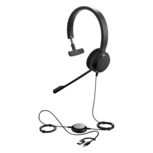 JABRA EVOLVE20MONOUCUSBC/A – Headset Profesional Mono / Cancelación de Ruido Avanzada / USB-C/A Plug-and-Play / Certificación UC y Microsoft Teams / Altavoces 28 mm / Control Integrado de Llamadas