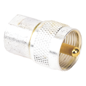 RF INDUSTRIES,LTD PT-4000-001 – Adaptador Coaxial / Hembra UNIDAPT a Macho UHF PL-259 / Bronce Chapado Plata / Contactos Oro / Dieléctrico Teflón