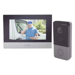 HIKVISION DS-KIS603-P – Kit de Videoportero IP / PoE / 1080p / Monitor Táctil 7" / IR 3 m (9.8 ft) / Lector MIFARE / IP65 / 1 Departamento