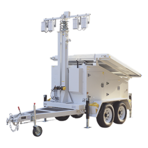 PRECISION PST-VTS-4PL – Torre de Videovigilancia Móvil / Mástil Retráctil 7.5 m (24.6 ft) / Doble Eje / 4 Bases para Paneles Solares / Remolque para Condiciones Adversas