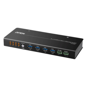 ATEN US3384I – Conmutador de Uso Compartido USB 3.2 Gen 1 Industrial | 8 Puertos para Computadoras | 4 Puertos para Dispositivos | 5 Gbps | Selección por Botón, RS-232/485 o Remoto | Power on Detection | Carcasa de Metal | Montaje en Pared