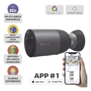 EZVIZ CS-BC1C – Cámara IP Inalámbrica / 2 Megapixel / Batería Recargable 7800 mAh / Visión Nocturna Color 10 m (32.8 ft) / Wi-Fi 2.4 GHz / IP66 / Audio Bidireccional / Sirena Integrada