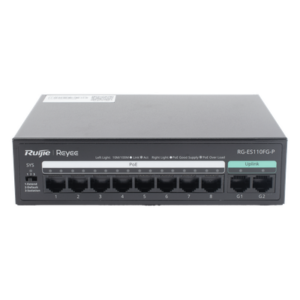 RUIJIE RG-ES110FG-P – Switch PoE+ No Administrable / 8 Puertos PoE+ 10/100 / 2 Uplinks Gigabit / 110 W / Sin Ventilador / Protección 4 kV