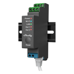 SHELLY SHELLYPRO2 – Relevador Inteligente / 2 Canales / 16A por Canal / Wi-Fi, Bluetooth y Ethernet / Montaje en Riel DIN / Control Local y Remoto