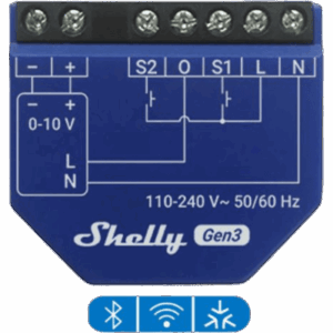 SHELLY SHELLYDIM010VPMG3 – Controlador de Atenuación / 0-10V y 1-10V / Wi-Fi y Bluetooth / Relé 13 A / Monitoreo PM / 110-240 VAC