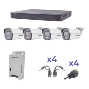 HIKVISION KH1080P4BC – Kit de Videovigilancia TurboHD / 4 Canales / 4 Cámaras Bala 1080p / ColorVu 24/7 / Lente 2.8mm / 98° / Fuente Regulada / Transceptores UTP
