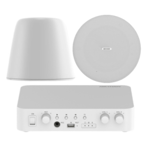 HIKVISION DSQAEKIT0530/ST – Kit de amplificador compatible con Spotify | Bluetooth | 2 Altavoces Colgantes | sistema 100v | 2 canales con control de volumen independiente | música ambiental