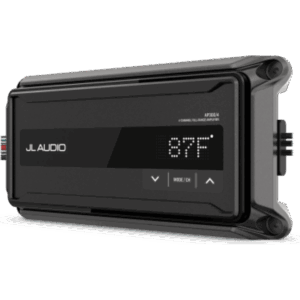 JL AUDIO 10-03429-00 – Amplificador Náutico Compacto / 4 Canales / Clase D / 150 W x 2 Puenteado / IP67 / 9-16 VDC / Filtros Paso Alto/Bajo / Refuerzo de Graves / JL Audio AP