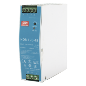 MEANWELL NDR-120-48 – Fuente de poder industrial / 120 W / 48 Vcc / 2.5 A / Entrada universal 90~264 VCA / Riel DIN