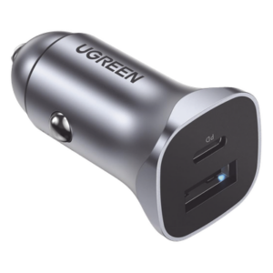 UGREEN 30780 – Cargador de Auto / 24 W / Dual Puerto USB-A y USB-C / PD 3.0 + QC 3.0 / 12-24 VCD / Aluminio