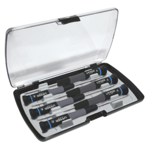 URREA SYS-9501-BT – Juego de destornilladores de precisión / 6 piezas Torx T5-T10 / Mango bimaterial / Acero Cr-V-Mo / Estuche PE antideslizante