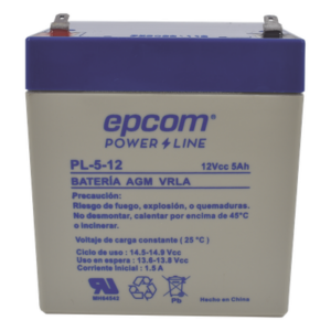 EPCOM POWERLINE PL512 – Batería 12 Vcc / 5 Ah / UL / Tecnología AGM-VRLA / Para uso en equipo electrónico Alarmas de intrusión / Incendio/ Control de acceso / Video Vigilancia / Terminales F1 / Cargador recomendado CHR-80.
