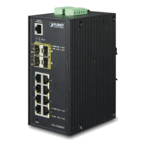 PLANET IGS-12040MT – Switch Industrial Administrable / 8 Puertos 10/100/1000T RJ45 / 4 Ranuras 100/1000X SFP / 12-72V DC / 17.85 Mpps