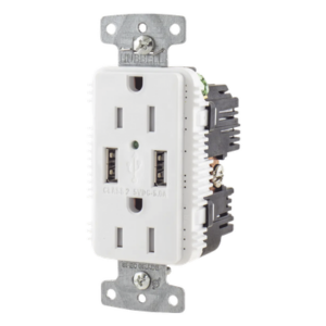 HUBBELL HUB-USB-15A-5W – Contacto Dúplex con USB / 15A / 125V / 2P 3H / NEMA 5-15R / 14-10 AWG / Blanco