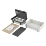 SIMON SM-CPAV-4 – Caja de Pavimento / 4 Módulos / Profundidad Ajustable 70-100 mm (2.76-3.94 ft) / Carga 1300 kg / Resistencia 850°C / Incluye Cubeta y Embellecedor