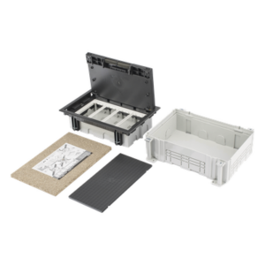 SIMON SM-CPAV-4 – Caja de Pavimento / 4 Módulos / Profundidad Ajustable 70-100 mm (2.76-3.94 ft) / Carga 1300 kg / Resistencia 850°C / Incluye Cubeta y Embellecedor