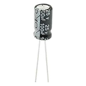 SYSCOM 0100M0025V – Capacitor Electrolítico Radial / 100 µF / 25 Vcc / 105 °C / 6.3 x 11 mm / Corriente de Rizado 170 mA RMS
