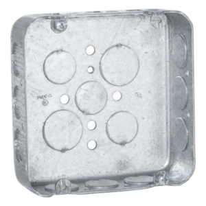 RACO HUB-245 – Caja Cuadrada / 4.69 x 4.69 in / Profundidad 2.19 in / 15 Entradas 1/2", 2 Entradas 3/4" / Troquelada