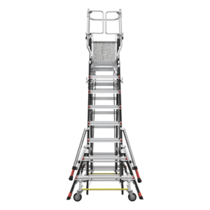 Little Giant Ladder Systems CAGE8FTR – Escalera de Fibra de Vidrio con Jaula / Ajuste de Altura 8' a 14' (2.44 a 4.27 m) / Carga Máxima 170 kg (375 lb) / Nivelación en Ruedas Ratchet™ / Peso 58.5 kg (129 lb)