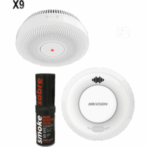 SDI HFS3ERKSABRE – Kit de Detección de Humo / 9 Detectores Interlink + Hub Wi-Fi / Interconectable 30 Dispositivos / Batería 10 Años / Alarma 85 dB / Probador SABRE Incluido / Hik-Connect